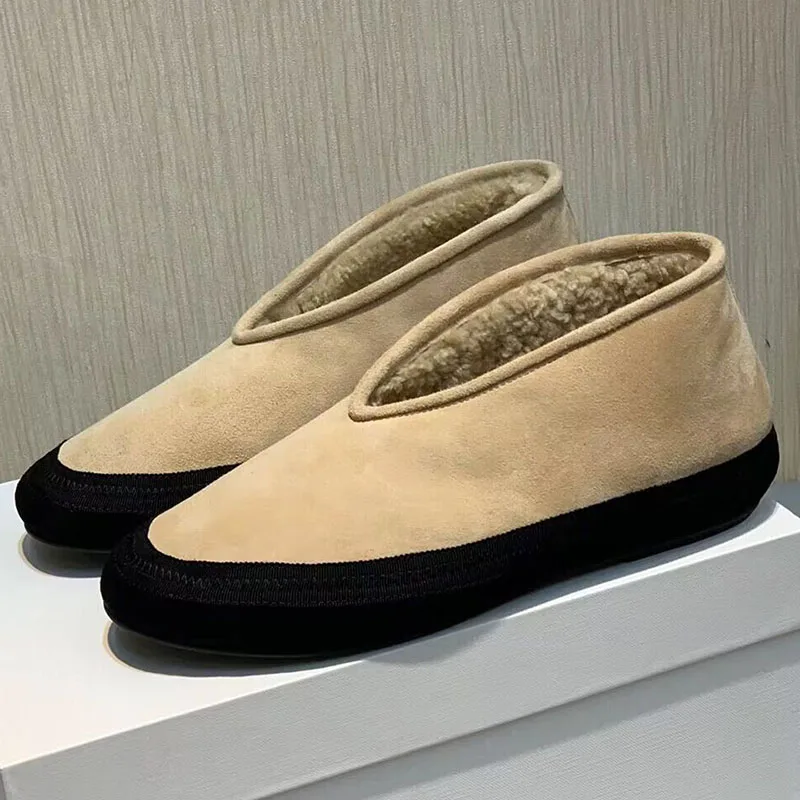 Round Toe Cow Suede Flat Thick Bottom Snow Boots Women Shallow Mouth Lazy Loafers Winter Real Wool Lining Ankle Botas Mujer view 3