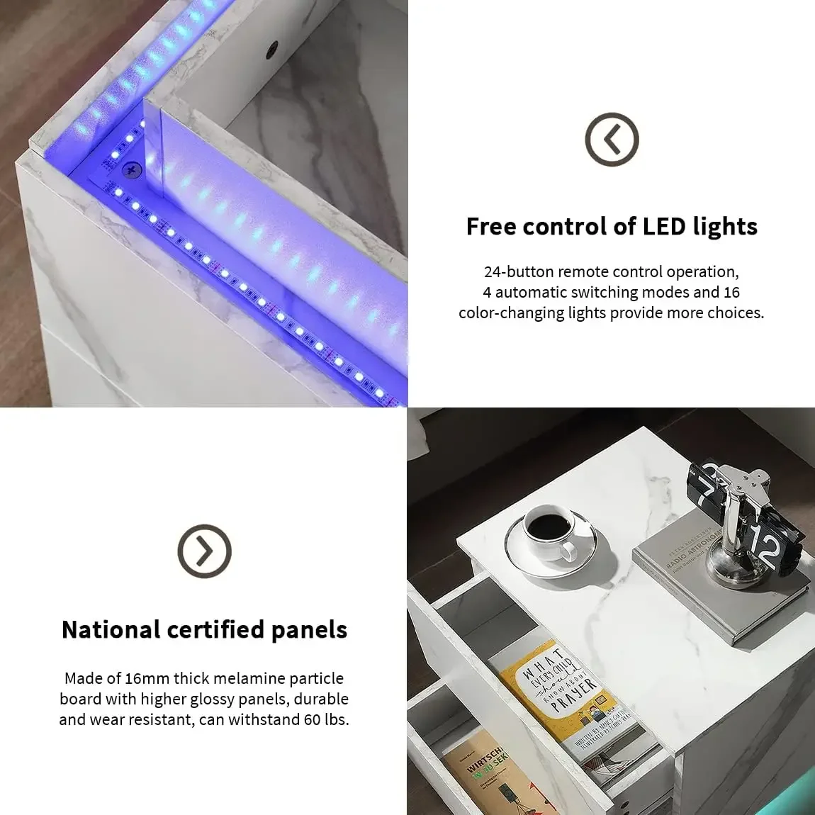 LED Nightstand, for Bedroom Living Room Modern Nightstand with 2Drawers, Large Storage Space Bedside Table, End Table Side Table