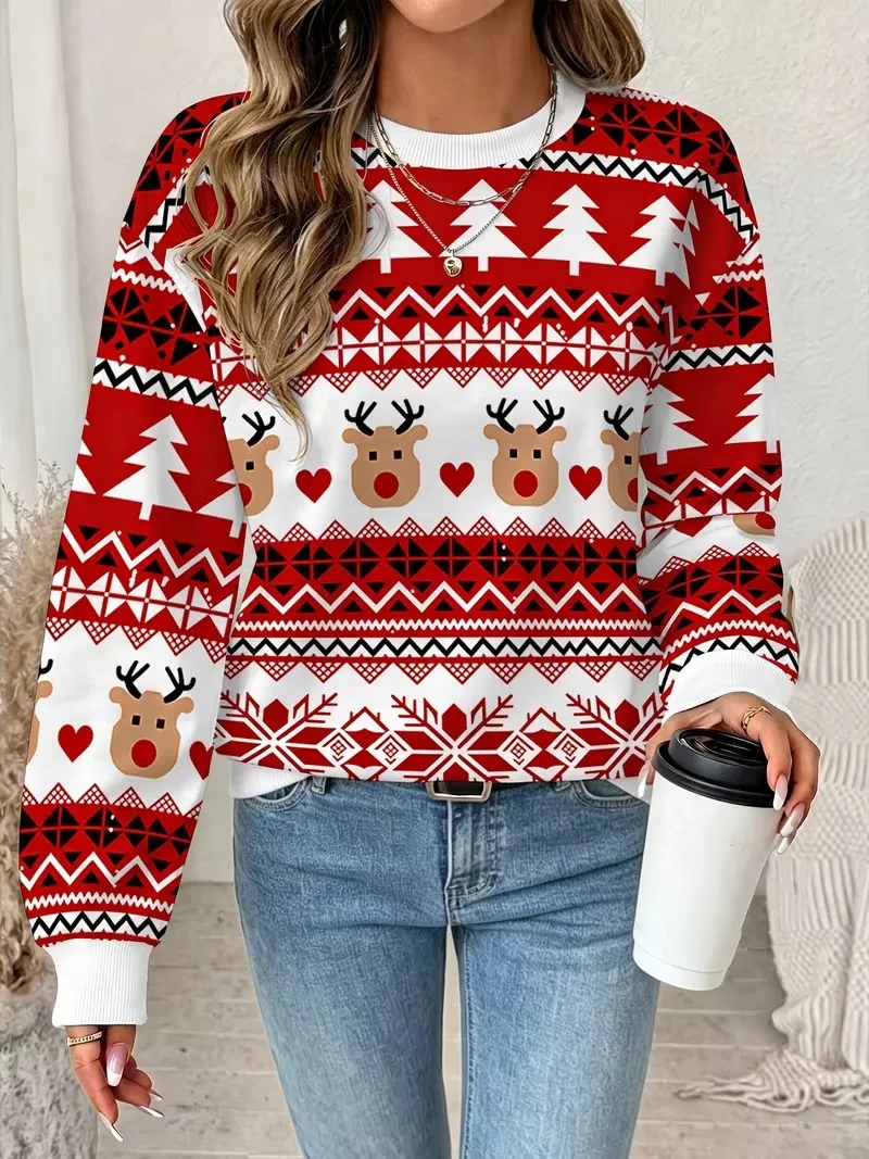 2026 new women's Christmas party costume classic Christmas element printed pullover long sleeved round neck casual sweatshirt