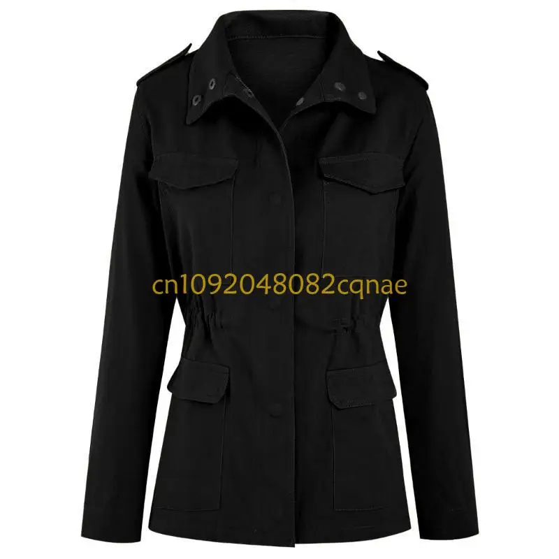 Women's Windbreaker Zipper Button Parka Utility Coat with Pockets