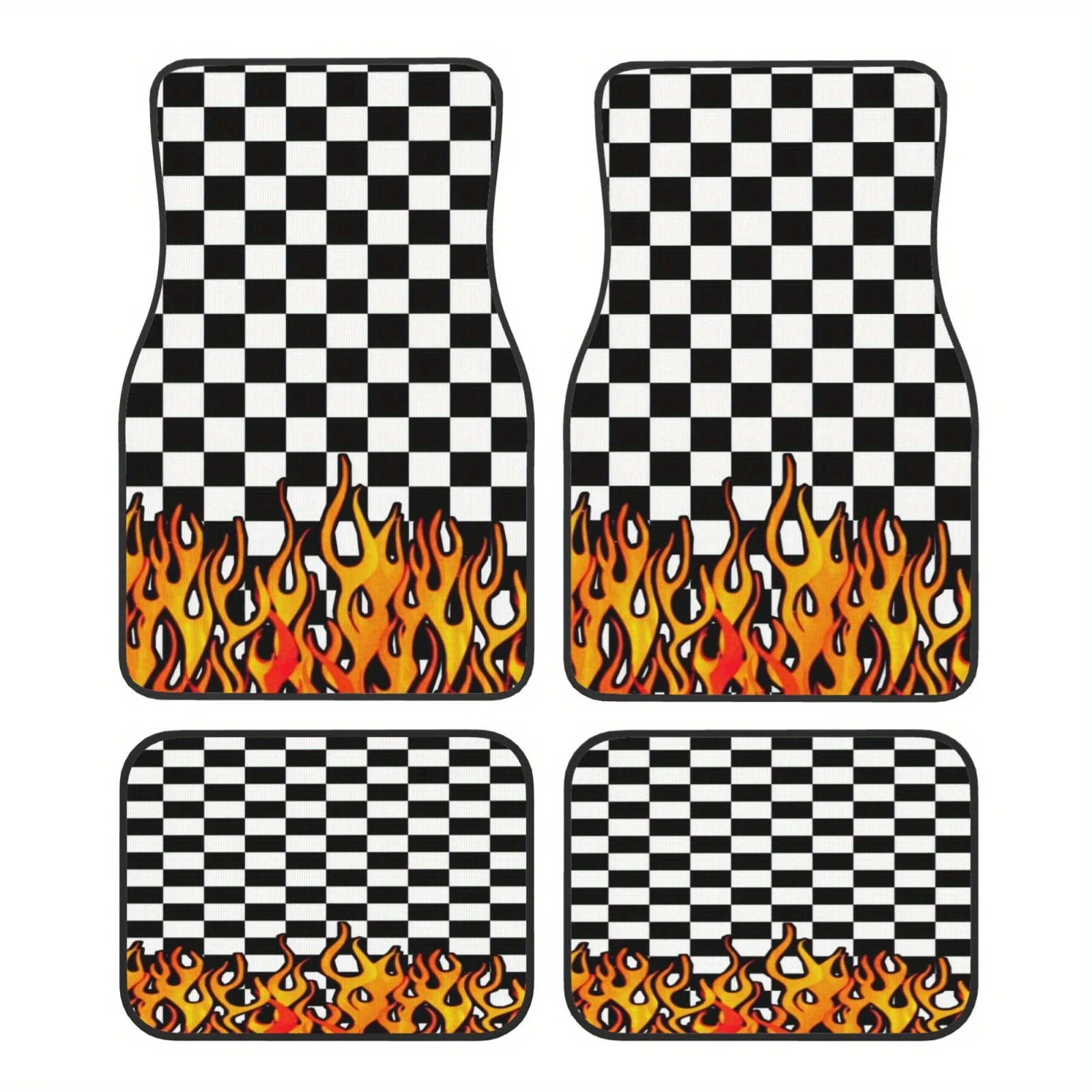 4pcs Plaid Flame Pattern Crystal Velvet Car Floor Mats Compatible For Most - Heavy-Duty Double Layer Composite, Light-Resistant