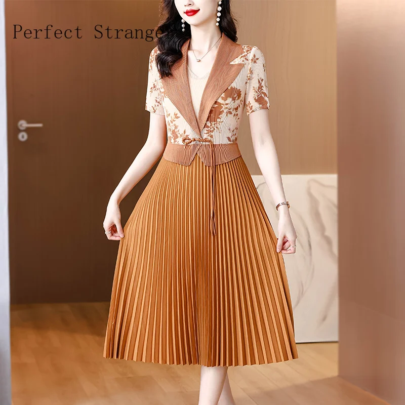 2024 Summer Women  Three Mansion Vestidos Turn-down Collar Short Sleeve Sweet Fake Two Piece Pleated Women Long Dress