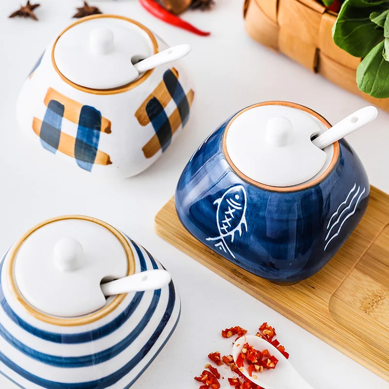 Ceramic Spice Jar, Sugar Salt Container , Condiment Pots Set, Hand-Painted Seasoning Jar with Porcelain Lids.For Home Kitchen.