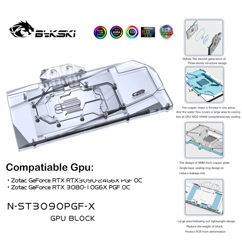 Bykski GPU Water Cooling Block For ZOTAC Geforce RTX 3090/3080 10/24G6X PGF OC ,With Back Plate Watercooler,N-ST3090PGF-X