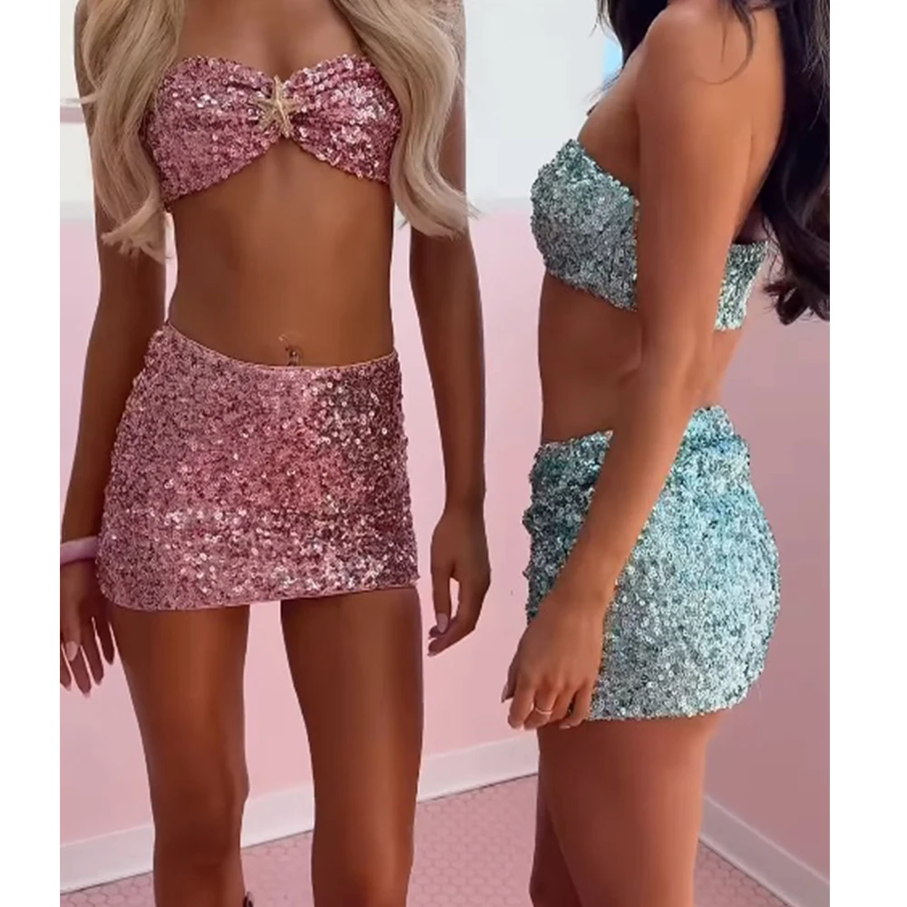 

Sexy Sequined 2 Pieces Clothes Sets Woman Starfish Strapless Sleeveless Crop Tops Slim Shorts/Skirts Lady Summer Chic Outfits