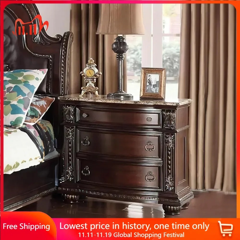 

19.5"D X 35"W X 32.8"H Nightstand with Three Spacious Drawers and Bun Feet, Wooden Nightstand