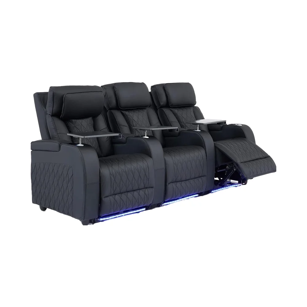 #Louis Donne Dual Power Ergonomic Home Theater Seating Top Grain Leather Movie Theater Recliner Sofa Ambient Lighting Tray Table