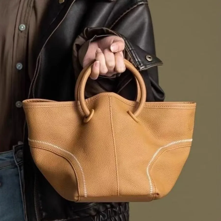 Women Bag Niche Design Multiple Use Big Capacity Light Brown Leather Tote Bag C…