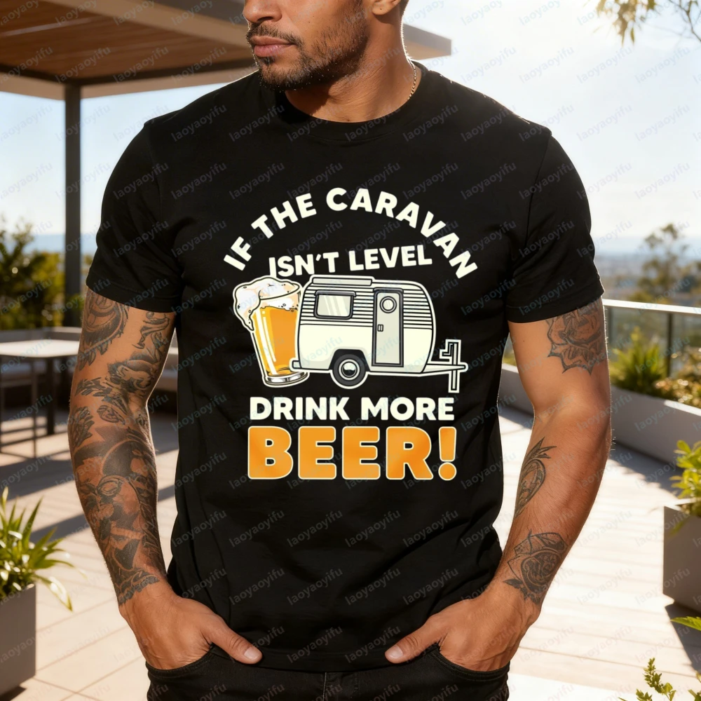 Men T-Shirt Summer Casual Short Sleeve Cotton Beer Caravan Humor Graphic Tee for Outdoor Camping Party Gift Fashion Top