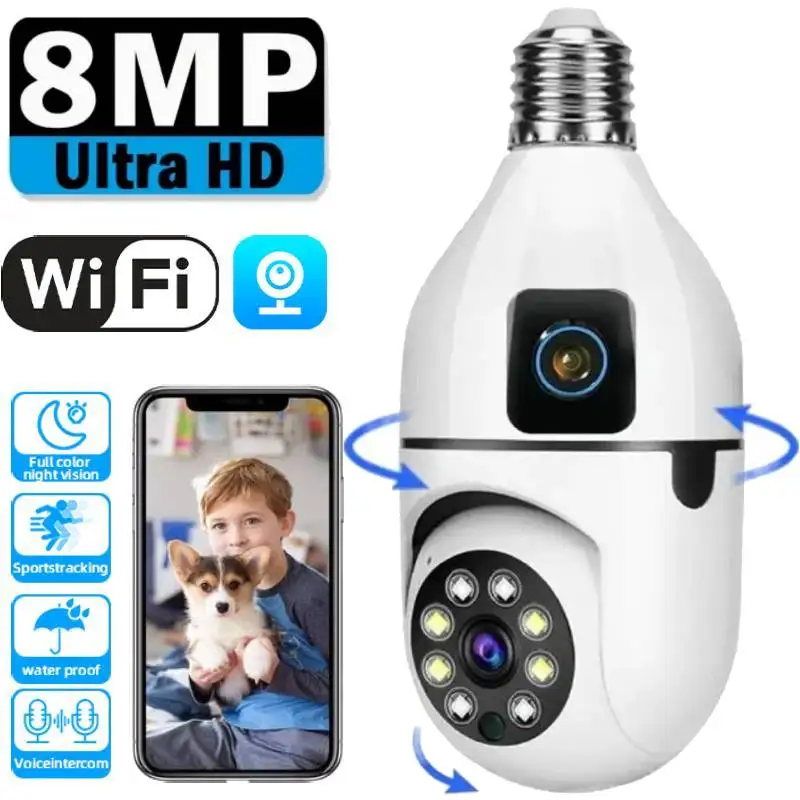 Caméra IP WiFi 8MP E27, Caméra Ampoule Sans Fil, Moniteur Bébé, Caméras pour Animaux de Compagnie, Surveillance Vidéo Intérieure Intelligente 5MP avec Suivi IA