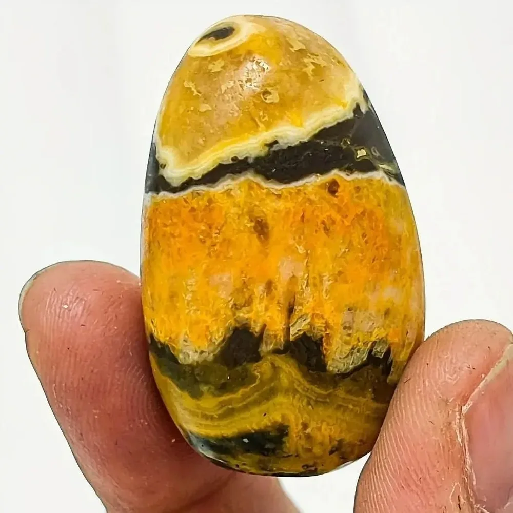 Polished Natural Bumblebee Jasper Pocket Stone, Irregular Elliptical Shape, Bright Yellow Mineral Specimen for