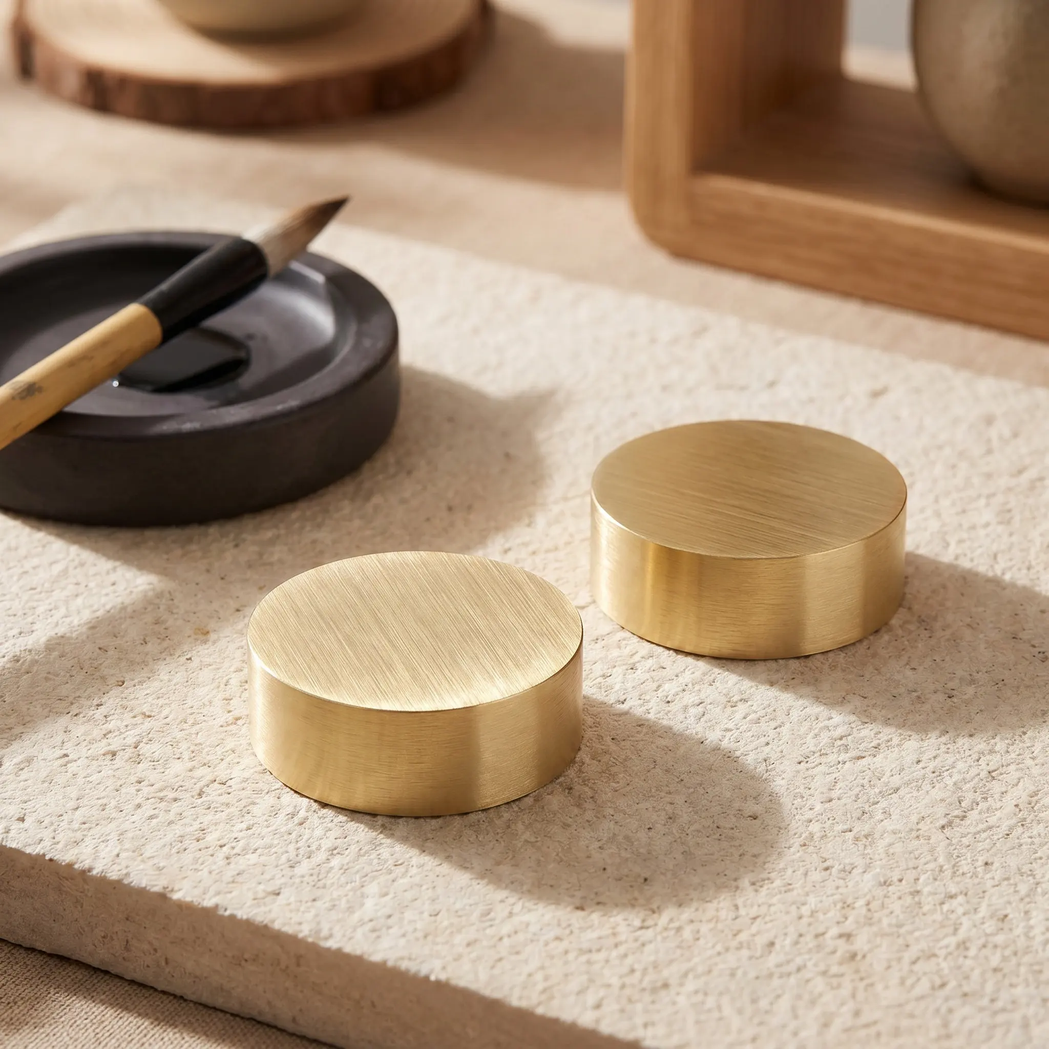 2Pcs Solid Brass Round Paperweight for Chinese Calligraphy Holding Paper Flat Heavy Desk Decorative Weight Office Study School