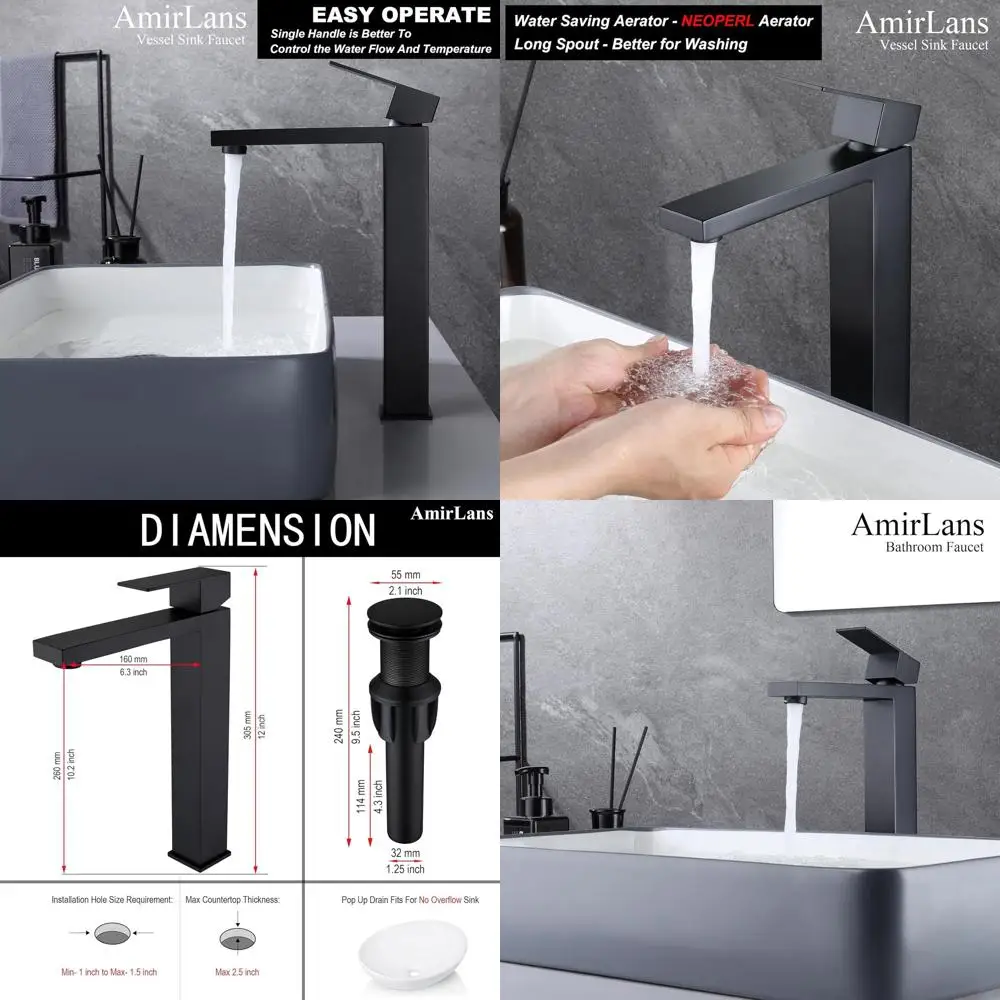 

Stainless Steel Matte Black Single Hole Vessel Sink Faucet with Pop-Up Drain and Supply Line, AML-11411-BK