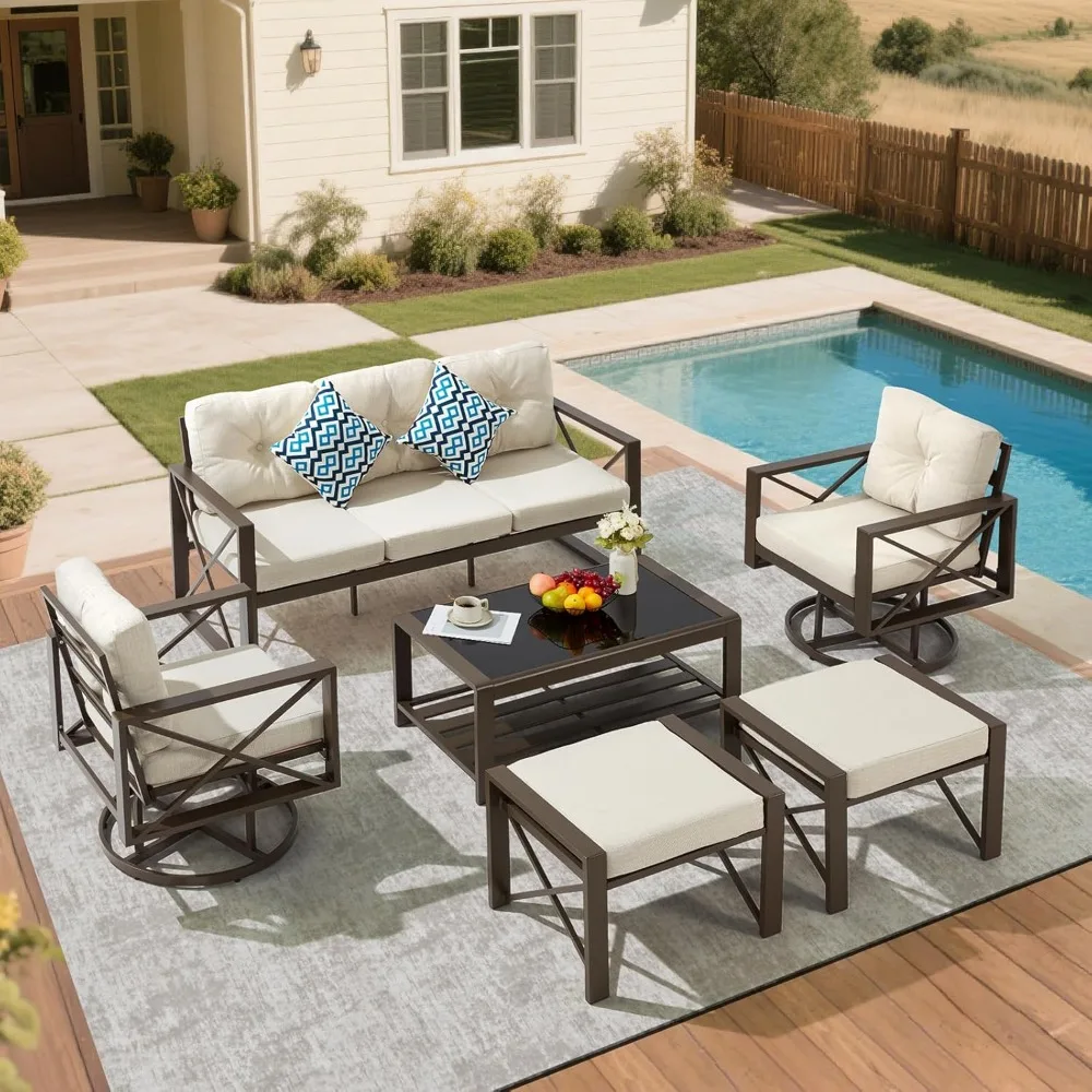 

6 Pieces Metal Patio Furniture Set, Outdoor Seating Furniture with Swivel Chairs and Ottoman Ideal for Indoor Porch Deck Bistro