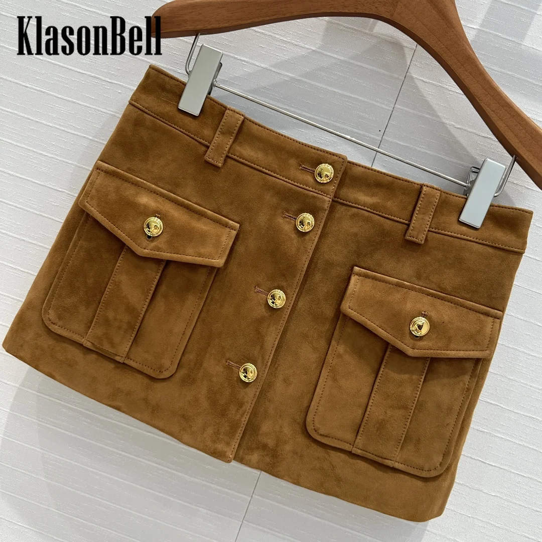 7.11 KlasonBell Women\'s Vintage Versatile Brown Cow Suede Short Skirt Gold Button Double Cargo Pocket Sheepskin Skirt