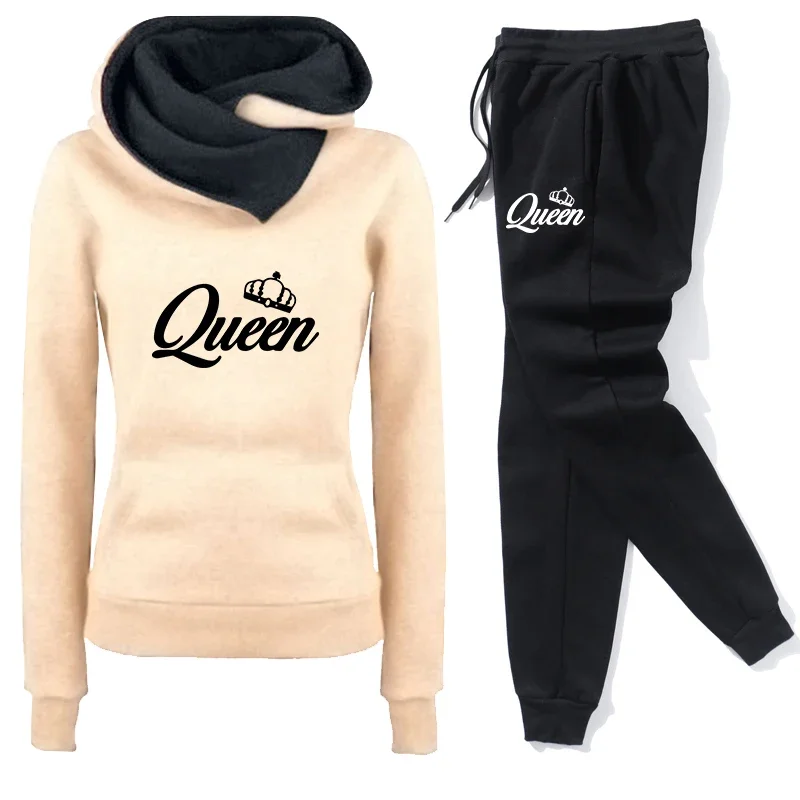 Autumn Winter Popular Womens Tracksuit Warm Hooded Sweatshirts+Jogging Pants 2 Piece Set Queen Printing Outfits Casual Clothing