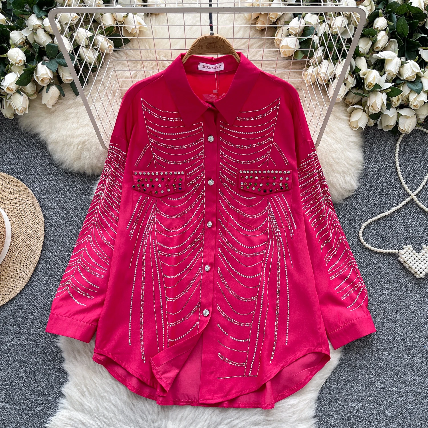 

Chic Sweet rhinestone Single Breasted Blouse Elegant French Fashion Sexy Shirt summer Women Top