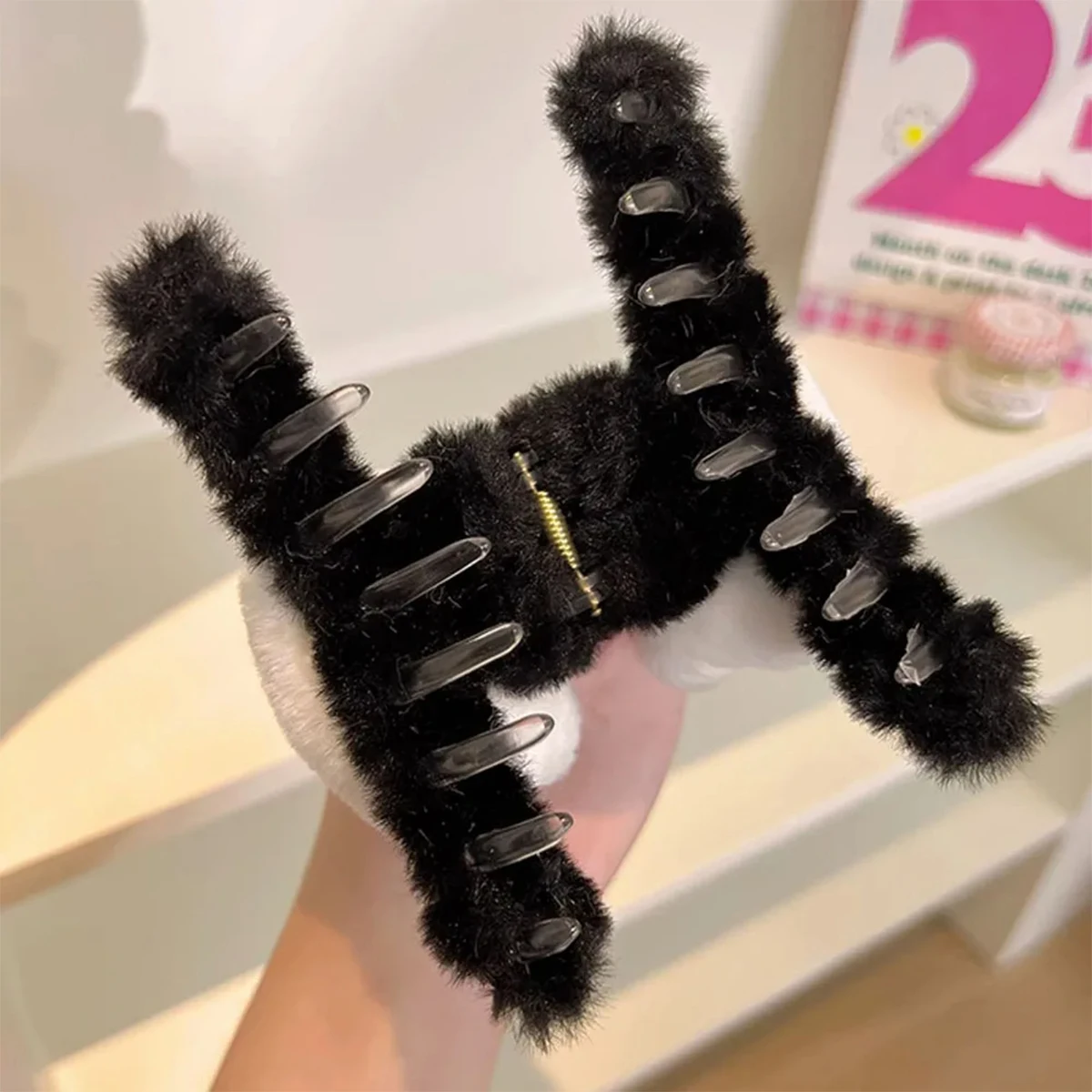 Elegante artiglio per capelli in peluche-pelliccia di coniglio finto, Clip di squalo grande, disegni di orsetto carino e granchio soffice, forcina a forma di orso floccato