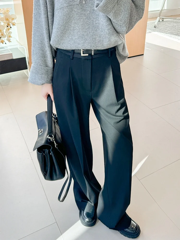 

High Waist Thiened Women's Wide Leg Suit Pants Autumn Winter New Sle Commute Sle Pleated Polyester Fiber Long Pants