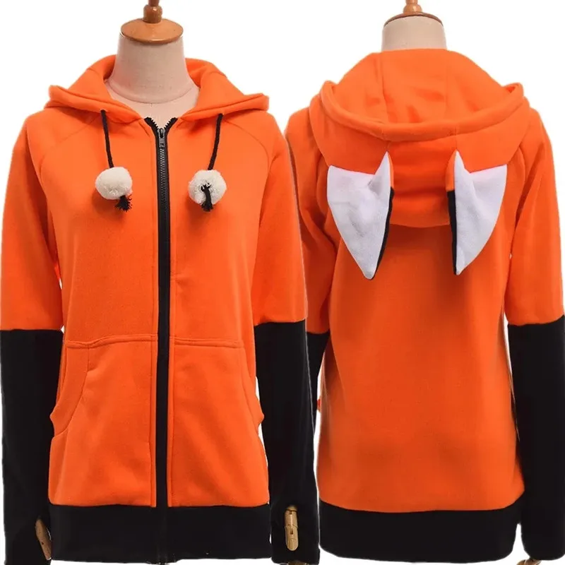 Tracksuit Coat Fox Ears Cosplay Costume Hooded Jacket Warm Orange Sweatshirt Cosplay Unisex Sports Hoodie