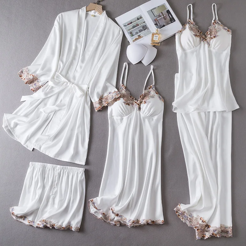 

Pajamas Sleepwear Five Piece Set Sexy Embroidery Lace Wedding Morning Robe Women Nightgown Spring Summer Loose Satin Lounge Wear