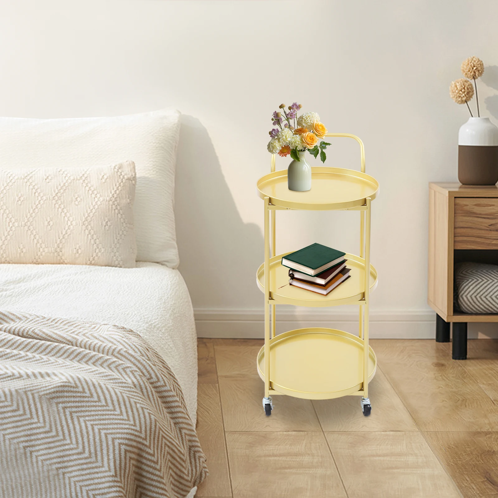 Metal Frame Serving Cart for the Kitchen and Dining Room, Rolling Bar Cart, Mobile Storage Cart，small Coffee Table Cart—3-Tier, Gold/White/Black