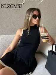 TRAF Chic Mini abito a pieghe a contrasto lavorato a maglia per le donne per le donne abito senza maniche O collo di nuova moda Streetwear Casual Dresse