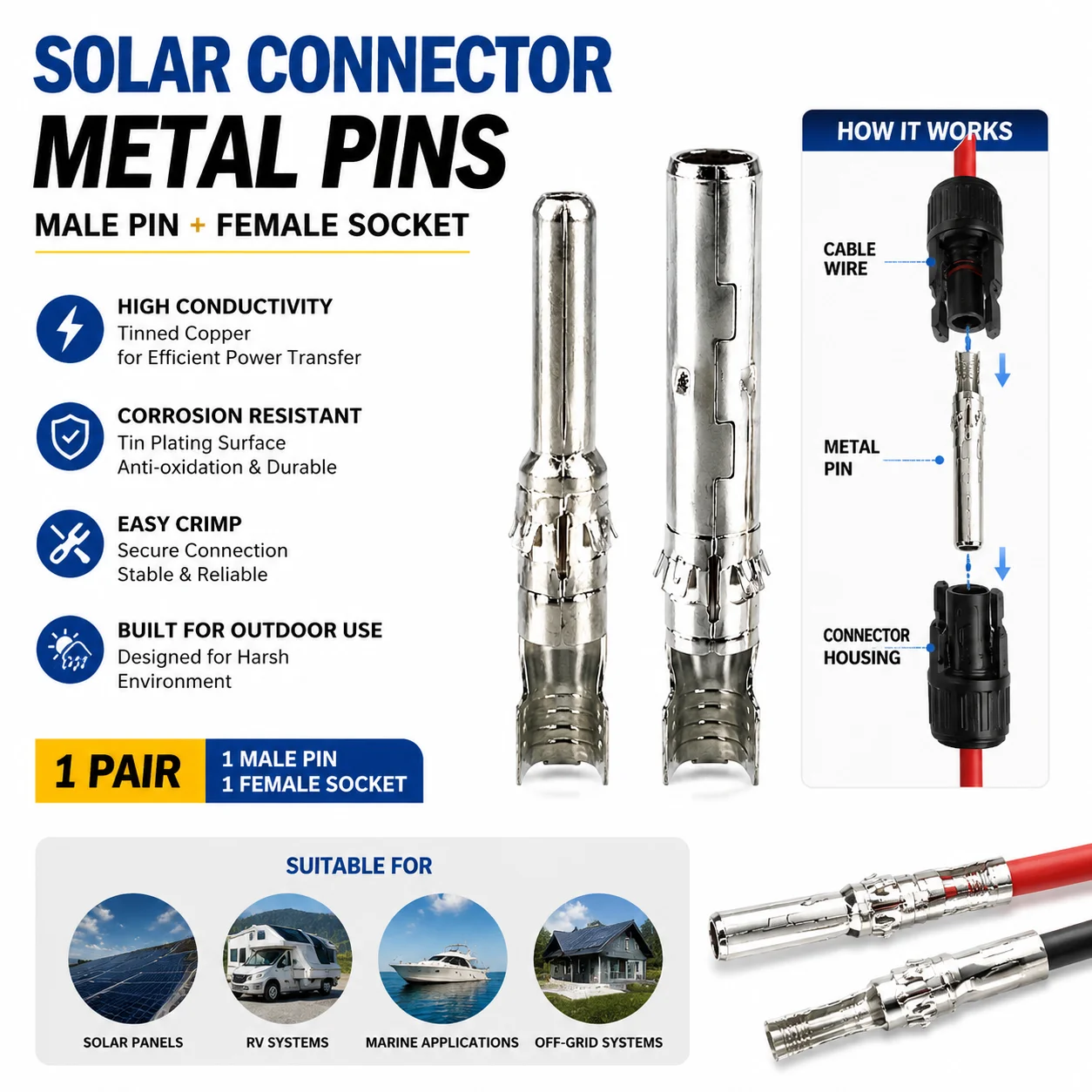 Solar Connector Pins Male Female Crimp Contacts 10 50 100 500 Pairs Tin Plated Copper Terminals for PV Cable Solar Panel