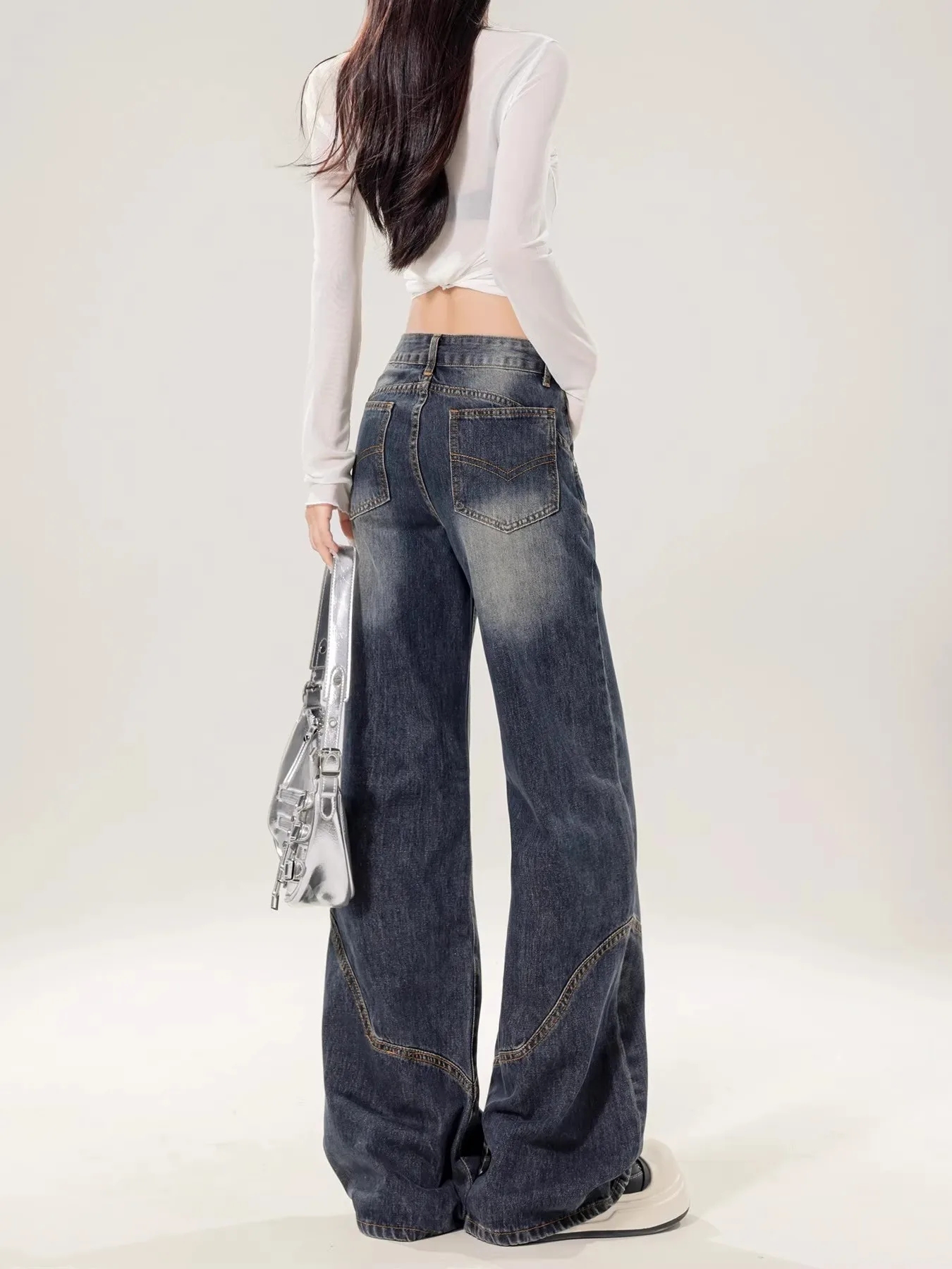 High Waist Wide Leg Micro Flared Denim Jeans Women's Autumn Winter Trendy Cement Grey Floor Length Pants Casual Wear