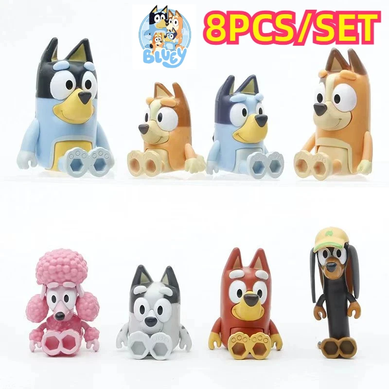 8 unids/set Bluey familia Bingo figuras de Anime figuras de juguete articulaciones móviles figura de acción modelo niños pastel de cumpleaños decoración juguete