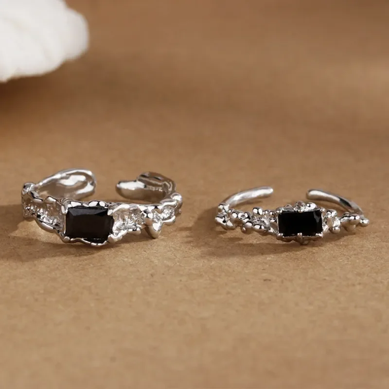 Black Zircon Couple Ring Men And Women Trendy Ins Style Open Ring Niche Cold Wind Irregular Texture Index Finger Jewelry