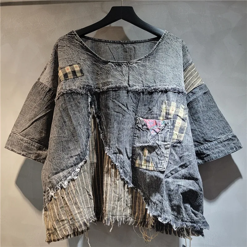 WTHT Vintage Fashion Women's Irregular Patchwork Denim Short Sleeve T-shirt Elastic Waist Harem Pants Female 2025 Summer 1LS1993