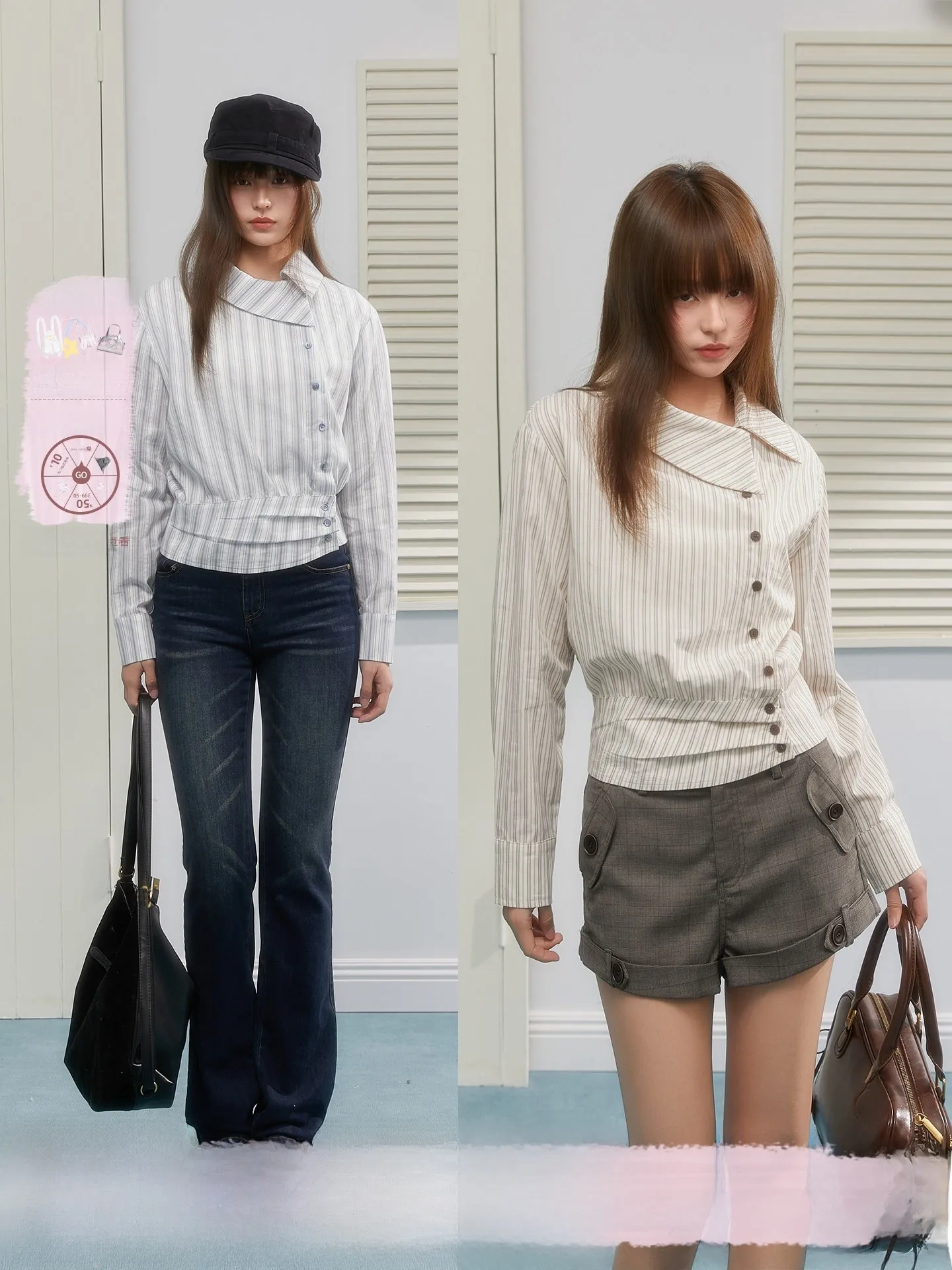 

STA Long Sleeve Shirt Waist Cinching Asymmetrical Design Turn-down Collar Striped Pattern Girl's Spring Fashion Cotton P...