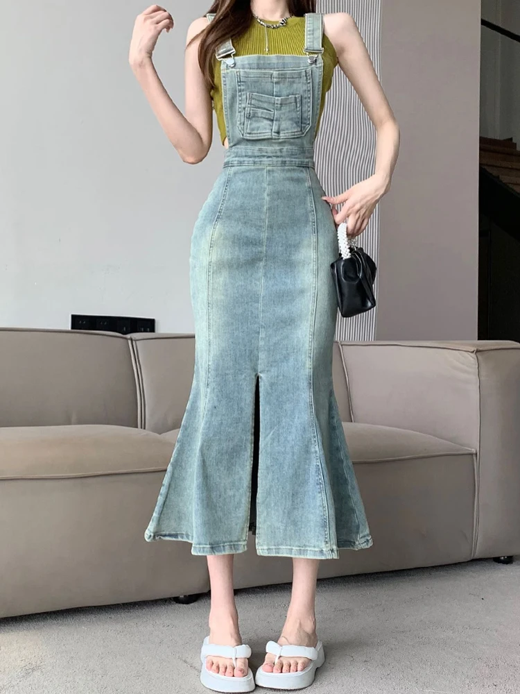 Retro strap denim skirt for women's summer thin high waisted slim long slit fishtail wrap hip skirt 2024