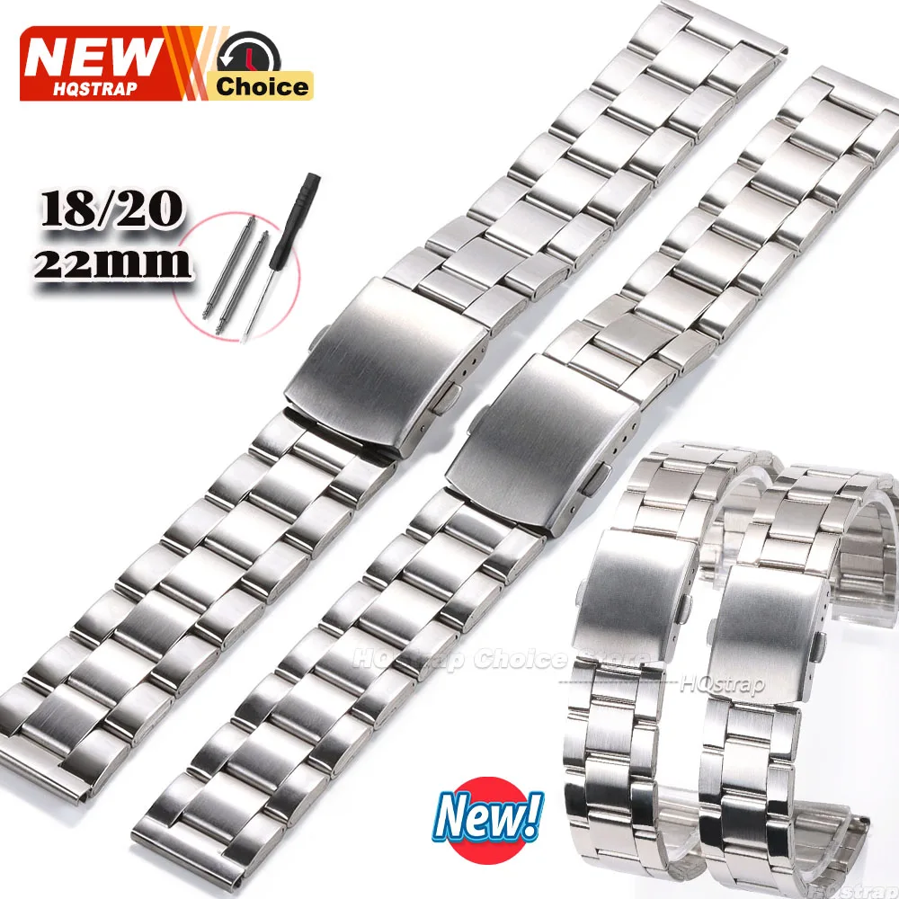 New Stainless Steel Watch Band 18mm 20mm 22mm Wristband Universal Strap Folding Safety Buckle Bracelet Strap Women Men WatchBelt