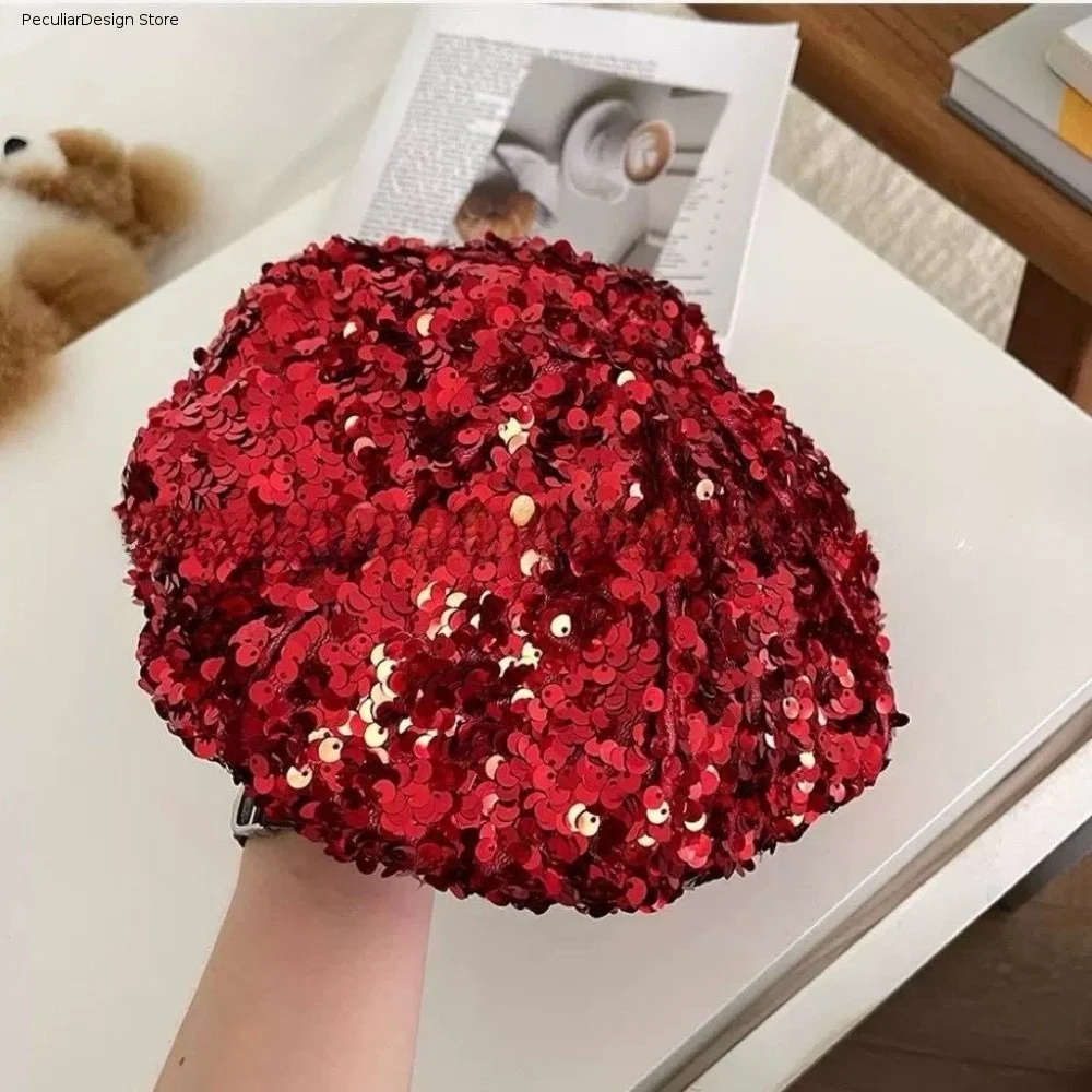 Retro Glitter Sequin Beret Sparkling Trendy Fashion Painter Hat Chic Design Casual Style Lady Octagonal Cap Streetwear