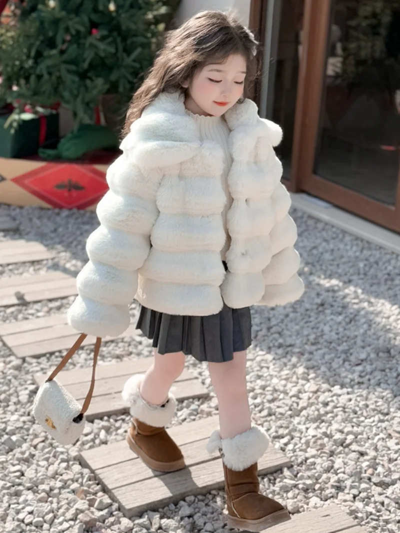White Girls Fluffy Faux Fur Winter Coat Thick Warm Kids Jacket Christmas Fashion New Year Gift Children Outerwear 3-10 Years