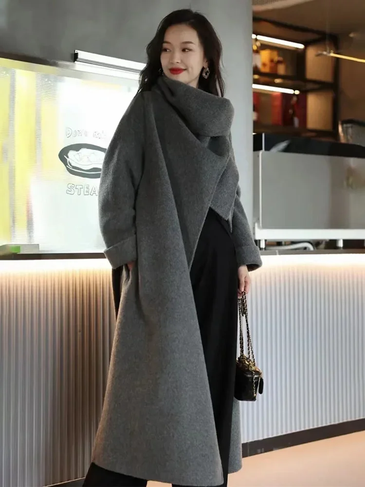 New Autumn Winter Double-sided Cashmere Coat Women Bathrobe Mulberry Silk Rabbit Fur Large Lapel Loose Woolen Coats Belt Female