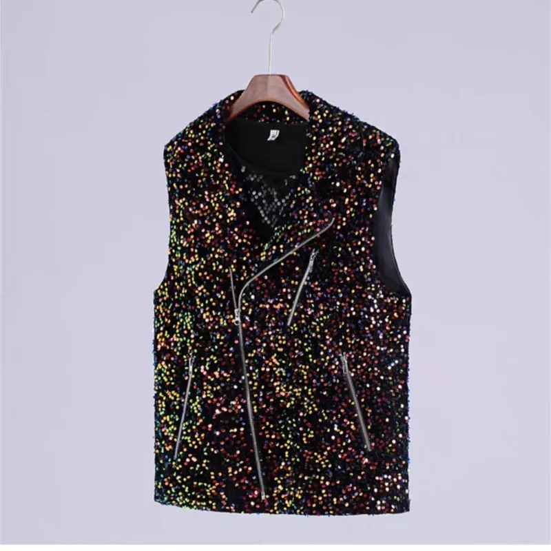 Male Singer Stage Sequins Vest Glitter Colorful Zipper Motorcycle Casual Waistcoat Star Rock Punk Performance Dance Costume
