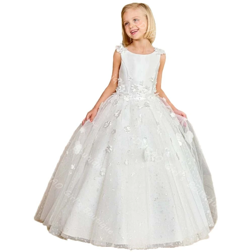 Gaun Pengantin Mini Tulle Bunga 3D untuk Gadis Bunga Gaun Komuni Pertama Pesta Ulang Tahun Tanpa Lengan Gaun Komuni Pertama Buatan Khusus Vestidos