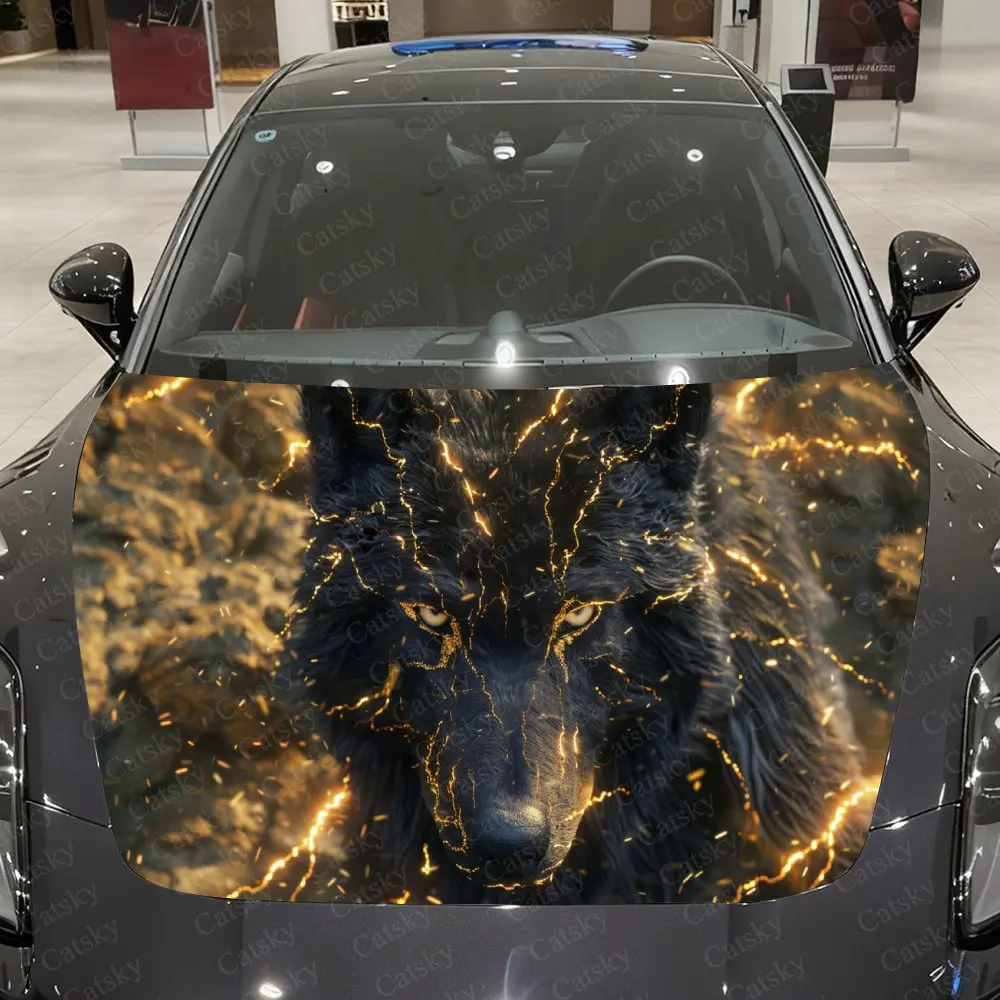 Cracked Gold Vein Wolf Car Vinyl Wrap, PVC Material Waterproof Car Hood Sticker, Self-Adhesive Scratch-Resistant Stickers for En