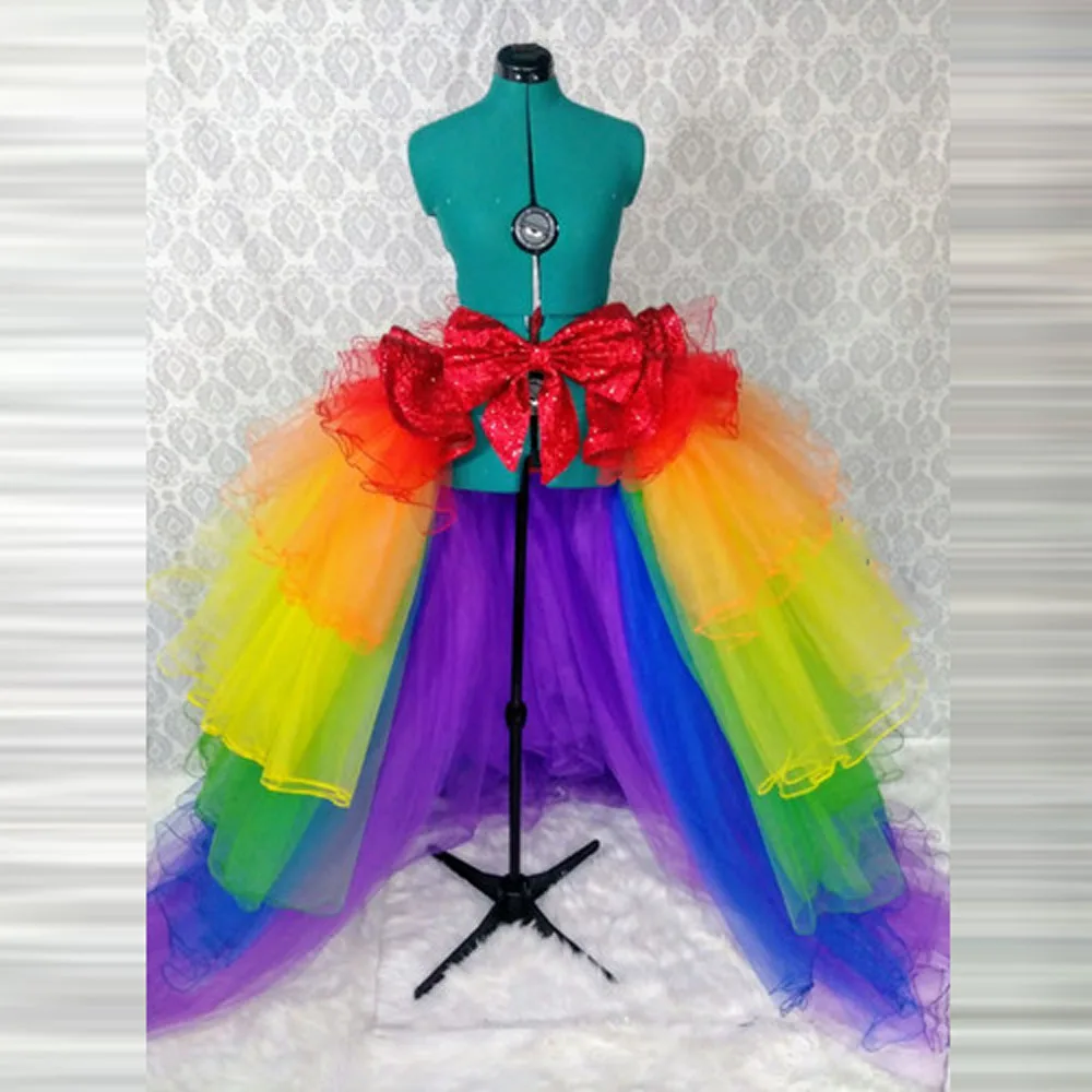 

Colorful Rainbow Tulle Detachable Skirt With Bow Overlay Skirt Tiered Tulle Long High Low Evening Party Skirt
