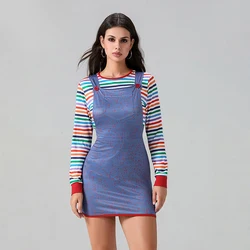 Party Halloween Creepy Killer Doll Costume for Women/Girl Rainbow Stripe Print Long Sleeve Tops with Suspender Dress 2 Pcs Set