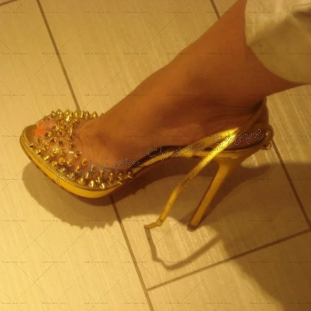 Gold Rivets Decor Peep Toe Sandals Buckle Strap Women Shoes Stilettos High Heels Party Banquet Dating 2025 Zapatos Para Mujere
