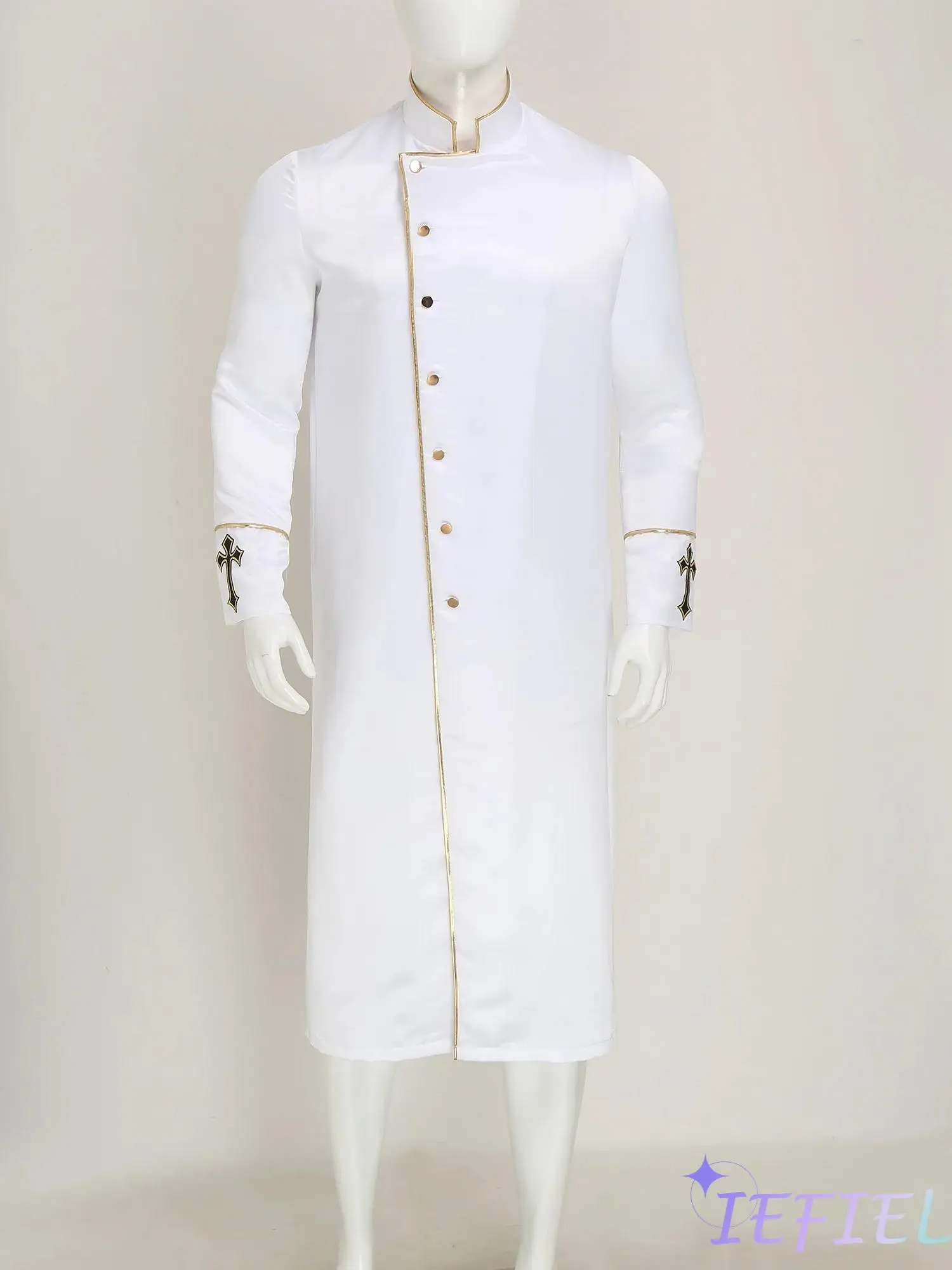 

Professional Church Priest Jacket for Halloween Mens Shiny Accents Cross Embroidery Robe for Padre Cosplay And Performances