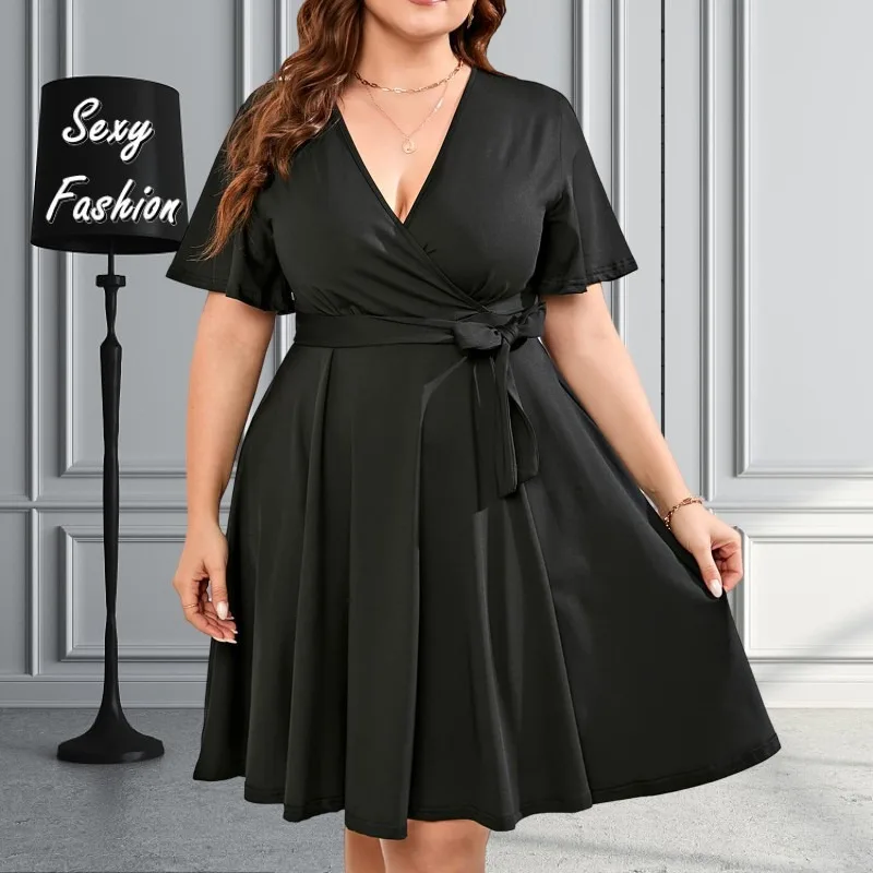 

L-5XL 2023 Summer New Fashion Simple Casual Midi Dresses Plus Size Women Clothing Short Sleeve Bandage Sexy Dress Dropshipping