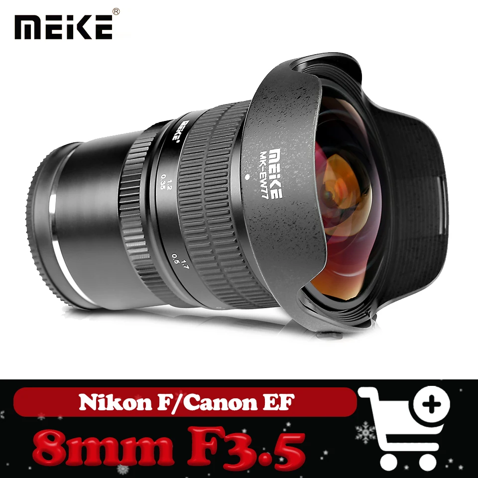 

Широкоугольный объектив MEKE 8mm F3.5 с ручной фокусировкой, совместимый с камерами Canon EF и Nikon F.