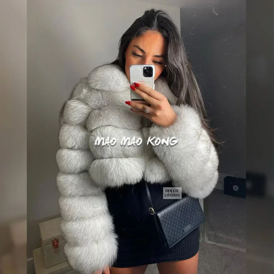 Maomaokong-Chaqueta de piel auténtica para mujer, abrigo corto de piel de zorro Natural con cremallera, chaqueta cálida con cuello, invierno, 2024