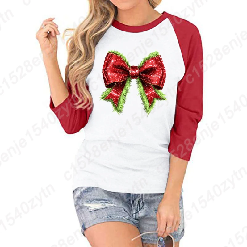 Cute Christmas Bow Print T-Shirts Women Loose Seven Sleeves Shirt Funny Round Neck Three Quarter Sleeve Shirt Casual Summer Tops