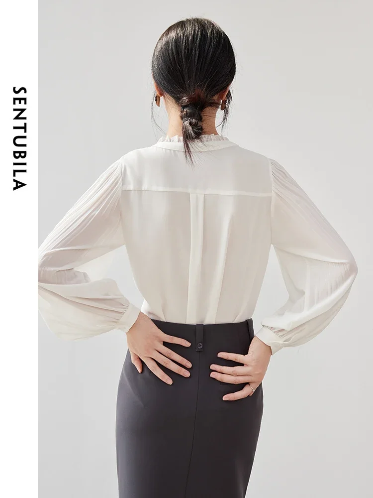 SENTUBILA Elegant Texture White Shirt Women 2024 Autumn Chiffon Loose Folds Long Sleeve Round Collar Simple Blouse 143C56665